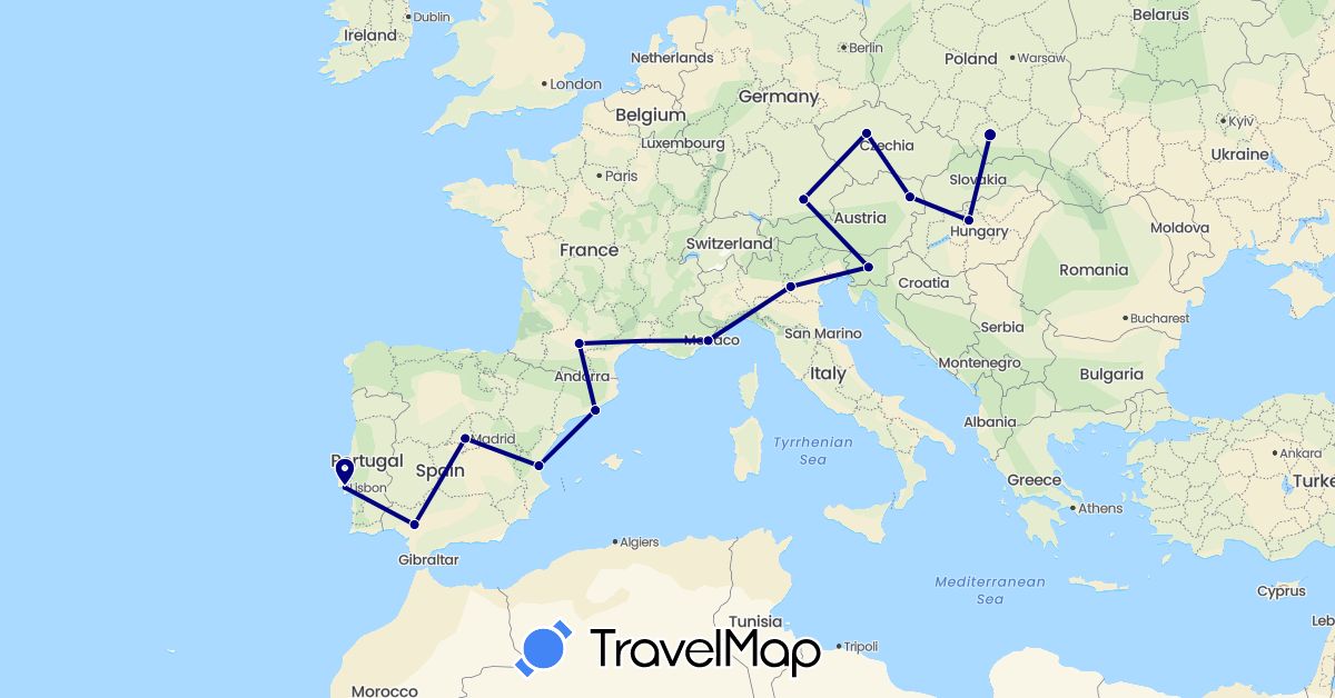TravelMap itinerary: driving in Austria, Czech Republic, Germany, Spain, France, Hungary, Italy, Poland, Portugal, Slovenia (Europe)